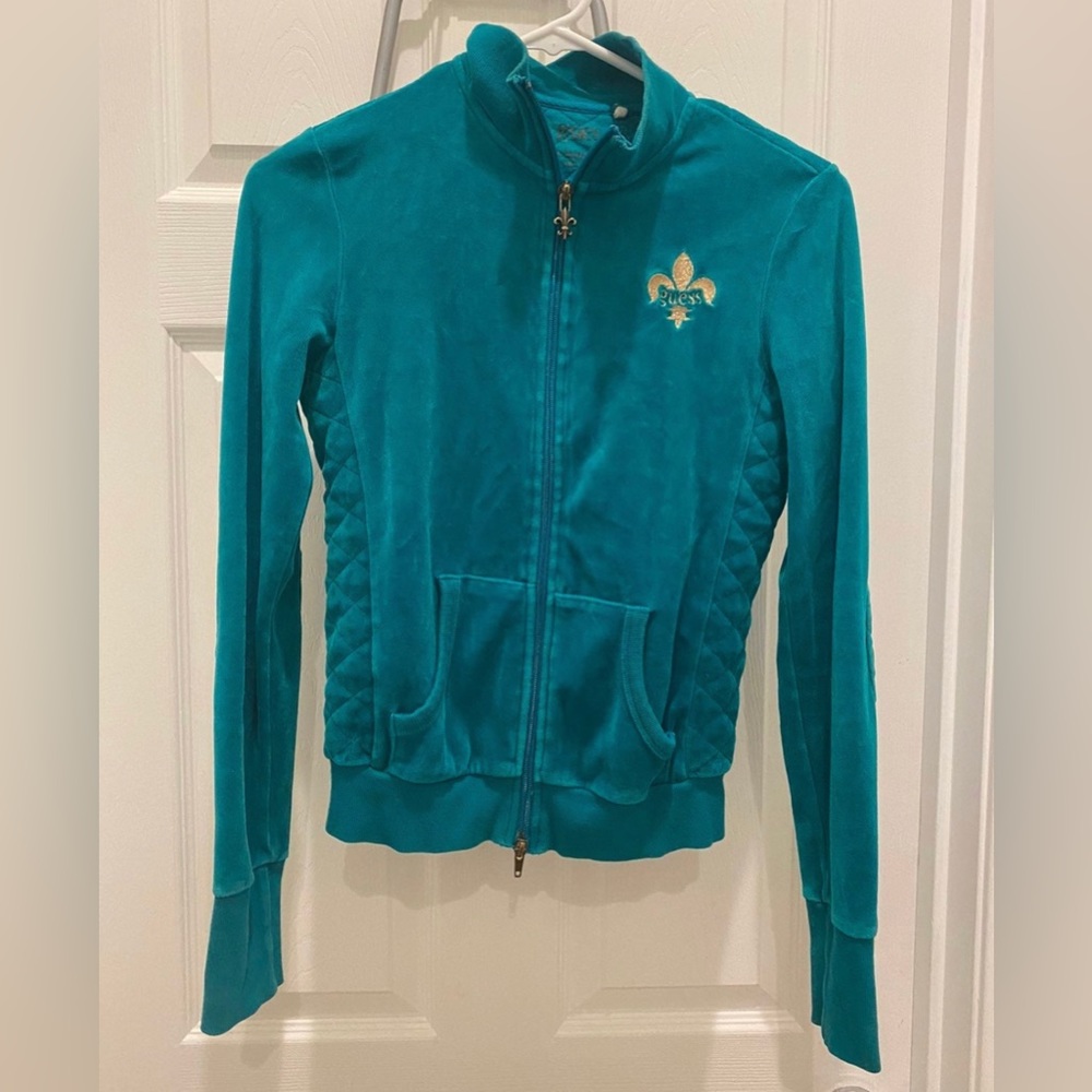 Vintage velour Guess turquoise hooded jacket small petite EUC